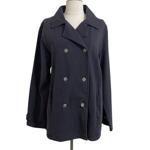 Navy blue women's double-breasted cotton twill pea coat size large